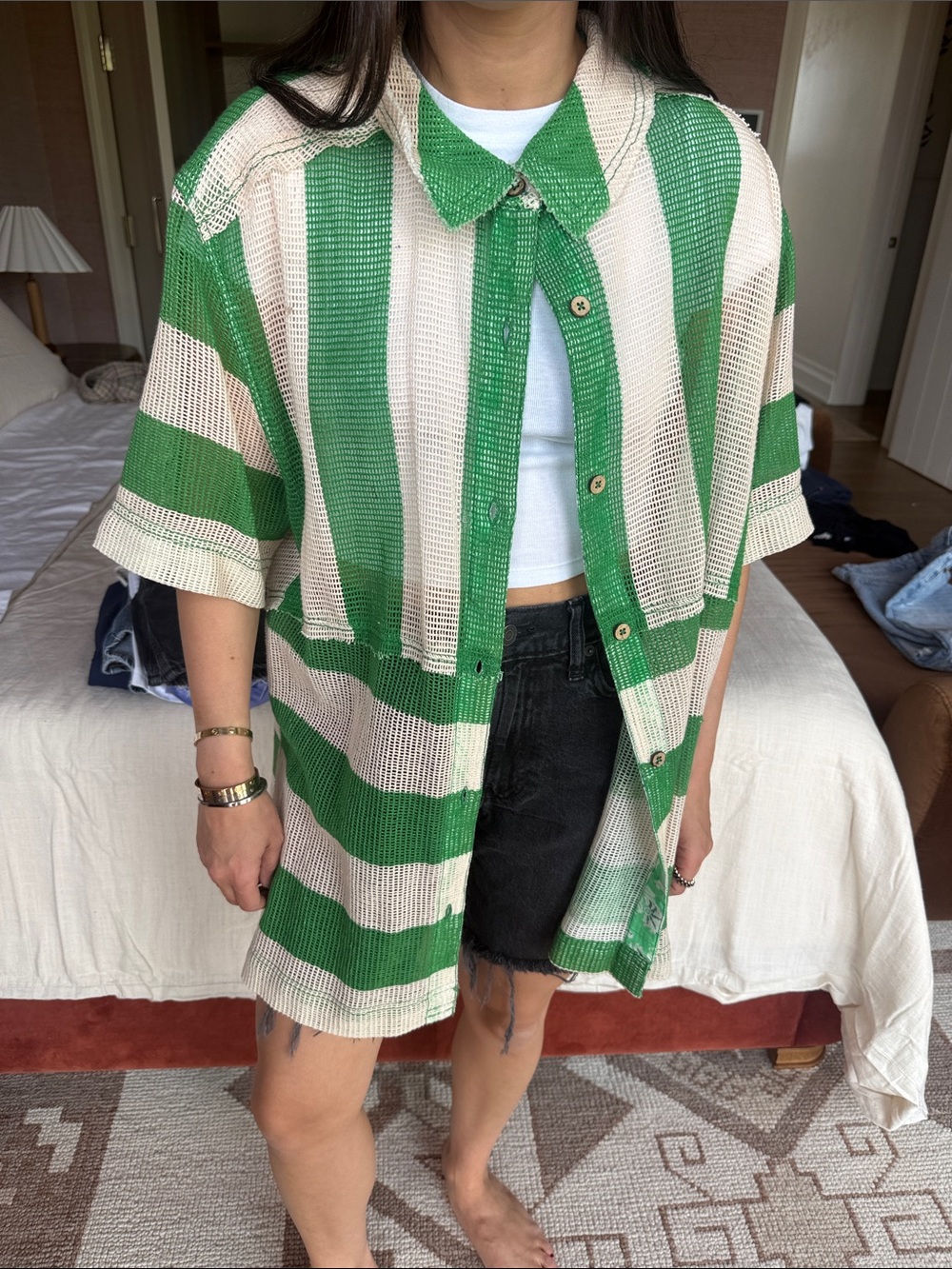 Free People Green and Cream Striped Button-Down Mesh Shirt